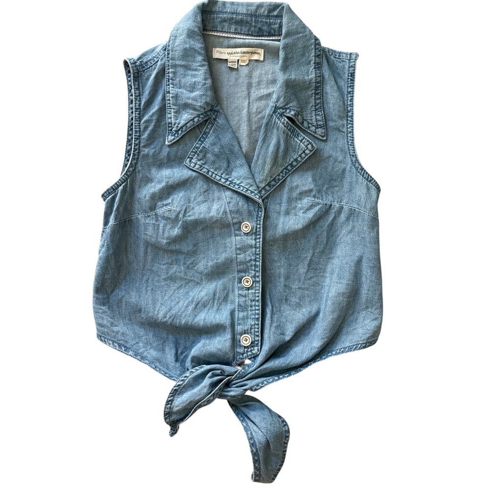 Anthropologie Pilcro and the Letterpress Denim Blue Tie-Front Sleeveless Shirt